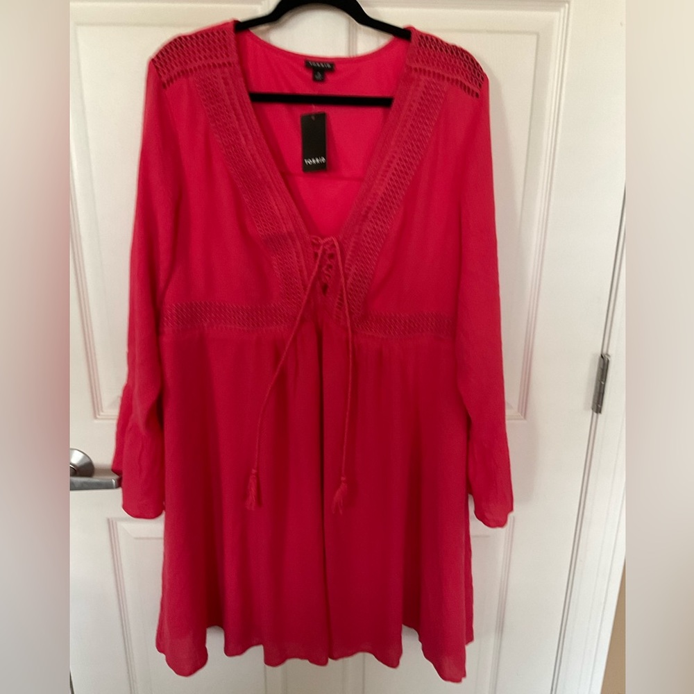 Pink Boho Crochet V Neck Dress, NWT